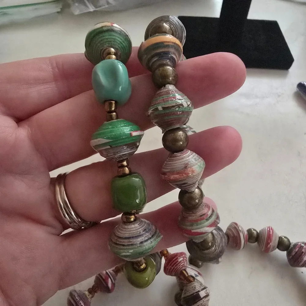 Handmade Paper Bead Stretch Bracelet Set of 3 Multi Color Eco Friendly Boho